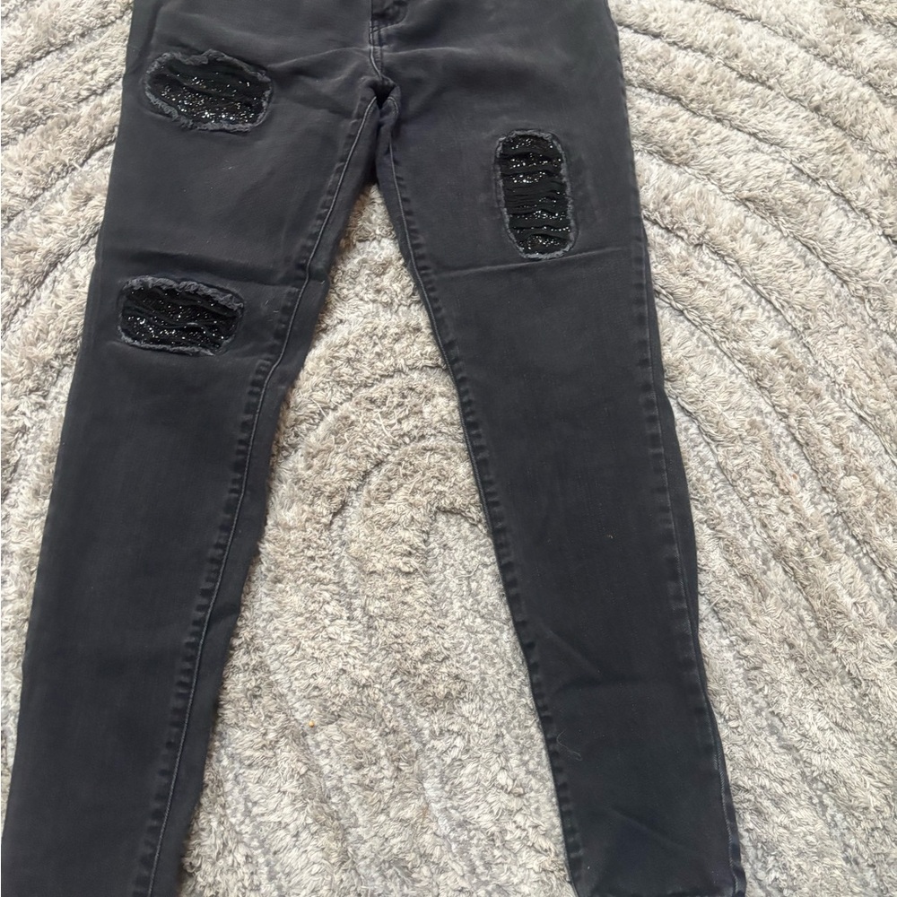 Jennifer Lopez Black Slim Fit Jeans with Sequin Distressed Patches – Size 8
